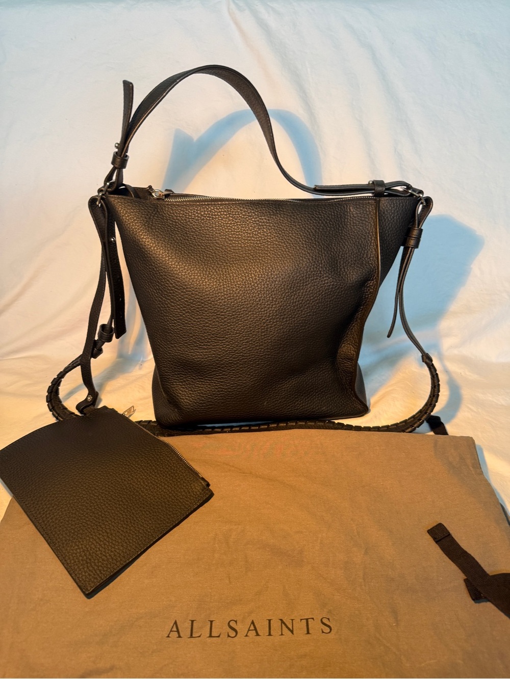 AllSaints Black Pebbled Leather Kita Shoulder Bag w/Removable Pouch & Dust Bag